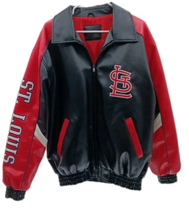 St. Louis Cardinals Bomber Jacket Mens XL Black Red Embroidered Faux Leather - Picture 1 of 15