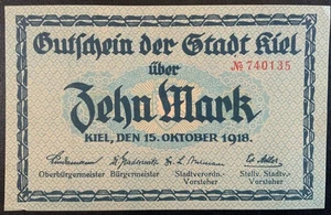 1918 GERMANY-KIEL PAPER MONEY - 10 MARK BANKNOTE! - Picture 1 of 2