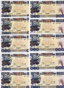 LOTE Guinea 10 x 100 Francos, 2015, P-Nuevo, UNC Redimensionado, Nuevo Signo, Fecha - Imagen 1 de 1