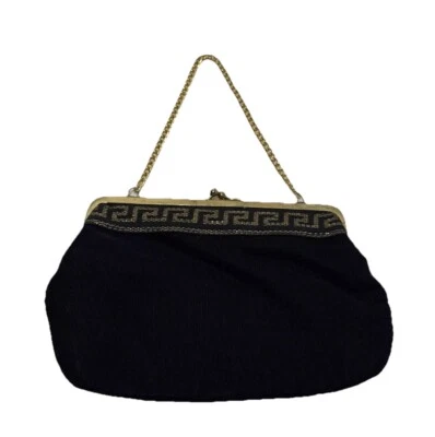 7” Black Evening Purse Gold Greek Key Design, Wrist Chain, Clasp 1960’s Rare VTG - Image 1 of 4