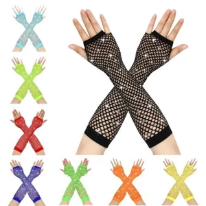 Women Fishnet Rhinestone Gloves Fish Net Arm Sleeve 80s Emo Scene Accessories - Picture 1 of 23