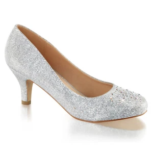 POMPA TACCO GATTINO ARGENTO o NUDO GLITTER 2,5"-PIETRE-CLASSE. Taglia 5 6 7 8 9 10 11 - Foto 1 di 6