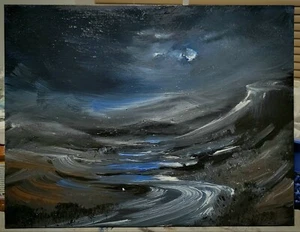 Original Nocturne Moonlight Reflection Night Fantasy Landscape Unique Painting - Picture 1 of 5