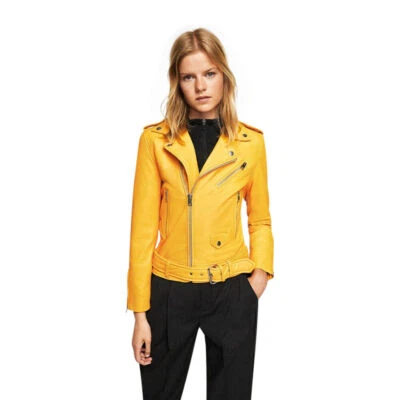 Elegante Nueva Chaqueta de Cuero Amarillo Para Mujer Piel de Cordero Pura Real Motociclista Moto Abrigo Foto 1 de 4