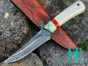 HUNTEX Custom Handmade Damascus Blade, Camel Bone Handle, Exotic Skinner Knife - Picture 1 of 6