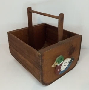 Wooden Basket w/ Duck Designs On The Ends VTG Handmade 9"x8"x5.5" Decorative - Picture 1 of 8