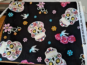 David Textiles Calaveras Day of the Dead w/Glitter Bk. Cotton Fabric 1 yard - Picture 1 of 3