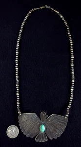 Vintage Navajo Necklace - Coin Silver and Turquoise - Thunderbird - Picture 1 of 4