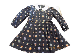Vtg Girls Lace Collar Pleated Dress Charly Full Skirt Tie Back Coat of Arms Navy - Picture 1 of 11