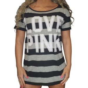 Victoria's Secret Pink Shirt Damen XS schwarz grau gestreift weiß Schlaf Grafik - Bild 1 von 15