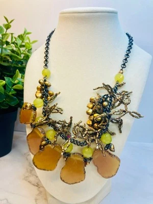 Coldwater Creek Statement Necklace With Yellow/Green Beads Gold Accents & Amber - Image 1 of 4