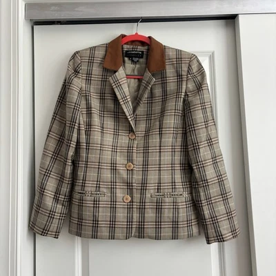 Chaqueta De Colección Liz Claiborne Clásica Lana Cuadros Tweed Gamuza Cuello 4 Académica  Foto 1 de 4