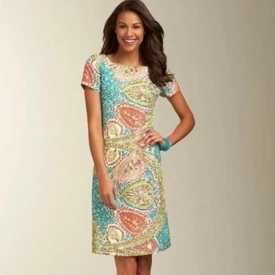 Talbots Dress Womens 10 Blue Silk Paisley Seaside Shift Midi Cap Sleeve Lined - Image 1 of 4