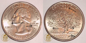 Cuarto de cuarto P Connecticut 1999 - Líneas de flujo y grieta de troquel inversa - Moneda de error rara - Imagen 1 de 6