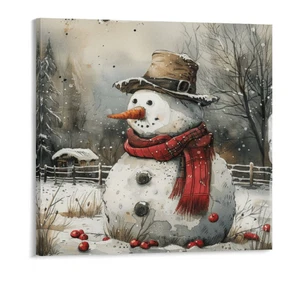 Cuadro de 12 x 12 estampado en lienzo muñeco de nieve paisaje campo granja temporada invierno - Imagen 1 de 5