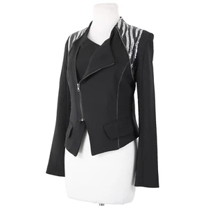 Poetry Sz L Black Silver Sequin Collared Pockets Lined 100% Polyester Jacket - Picture 1 of 22