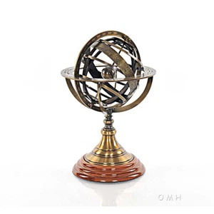 Brass Armillary Sphere Globe 11.5" Hardwood Base Antiqued Finish Table Top New - Picture 1 of 3