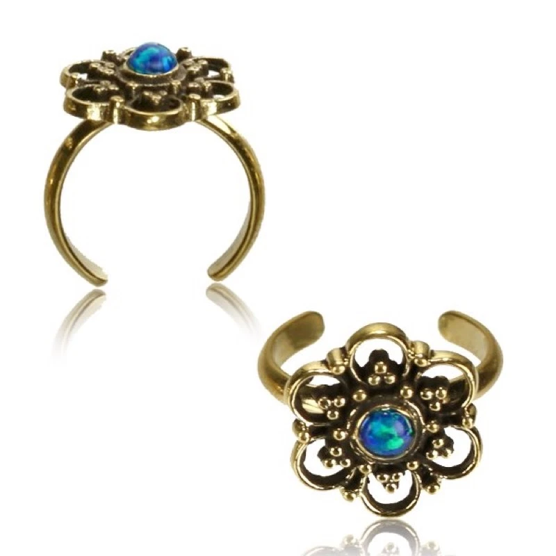 ANILLO DEDO DEL PIE TRIBAL LATÓN MACIZO MANDALA ÓPALO SINTÉTICO ANILLO MEDIO ORNAMENTADO BOHO GITANO Foto 1 de 1