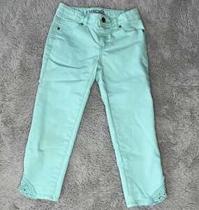 Cherokee Girl's Super Skinny Jeans Size 10 Aqua Crochet Detailing on Legs - Picture 1 of 10