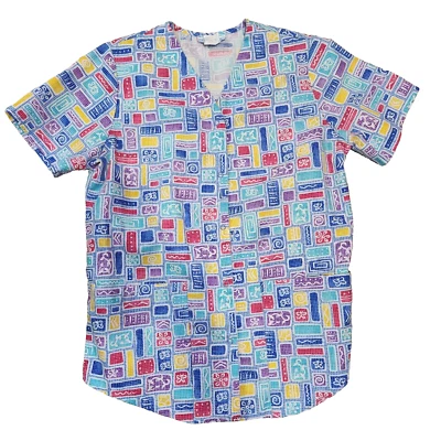 Scrub Top women size S small SB Scrubs Snap-Front Squares Patterns Flowers Vine  - Image 1 of 3