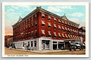 Postcard The Allen, Hotel, Delaware, Ohio , Street, People, U.S. Flag Flying - Picture 1 of 2