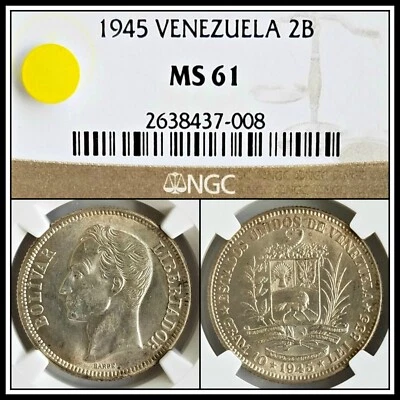 1945 Silver Venezuela 2 Bolivares NGC MS 61 Uncirculated Vintage Classic Coin - Image 1 of 4