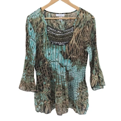 Blusa Dressbarn XL Plisada Transparente Adornada Marrón Hada Bruja Goblincore Boho Foto 1 de 4