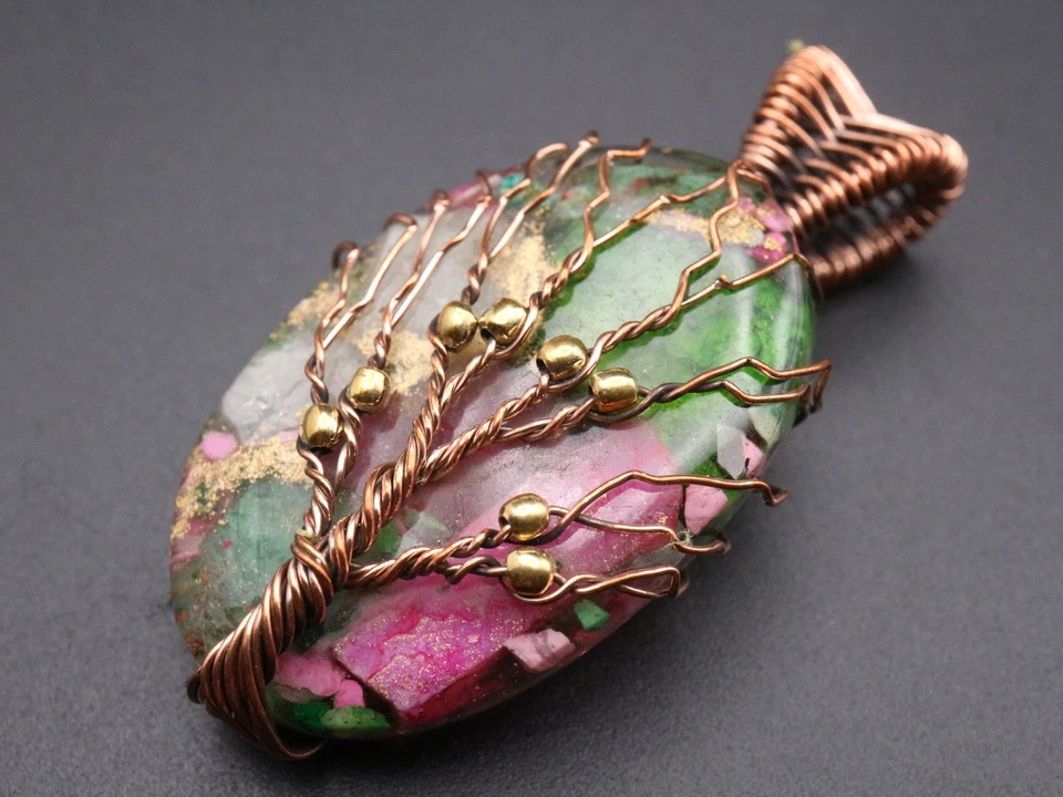 GJ69 GW AUSTER TÜRKIS  KUPFER-DRAHT EDELSTEIN-ANHÄNGER +TOP +KETTE / LEDER! - Bild 1 von 2