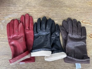 Lotto 3 guanti donna vera pelle foderati rosso nero marrone taglia S/M Fownes - Foto 1 di 10