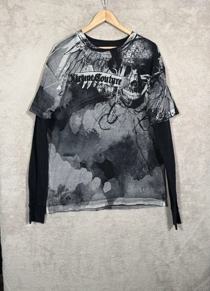 Camisa Xtreme Couture Para Hombre Extra Grande Negra Calavera Alas Gráfico Manga Larga Foto 1 de 4