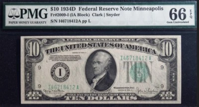 $10 1934D Minneapolis FRN. Fr. 2009-I. TOUGH GEM NOTE. PMG 66 EPQ - Image 1 of 3