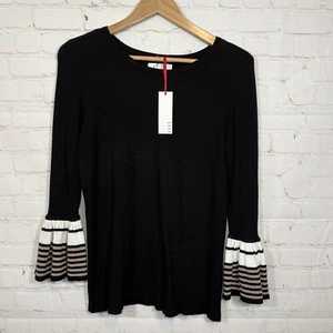 Elle Shirt Womens Small Black Long Sleeve Bell Sleeve Top Round Neck NWT - Picture 1 of 9