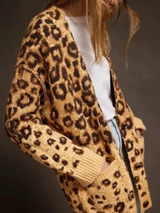 Free People State Side Cardigan Knit Button Ribbed Leopard Yellow Combo S NEW - Picture 1 of 6