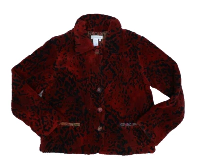 Coldwater Creek Women Red Black 3/4 Sleeve Button Front Textured Fleece Jacket M - Image 1 of 4