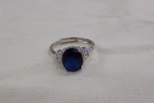 Womens Adjustable Silver Ring Signed 925 With Beautiful Blue Sapphire Stone - Picture 1 of 4