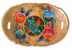 Wooden Serving Tray Vintage 19” X 14” X 1.5” Hand Painted - Picture 1 of 13