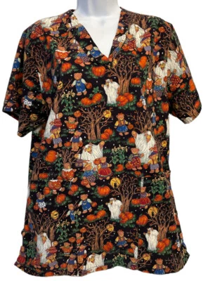 Halloween Scrub Top Sz Large Nurse Pumpkins Ghosts No Tags - Image 1 of 2