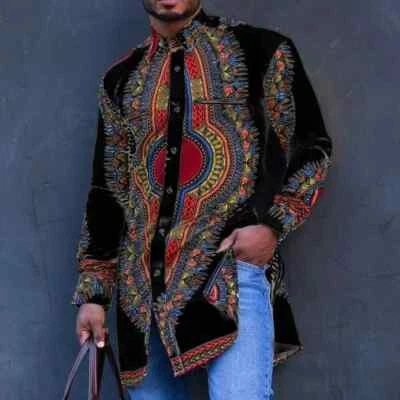 Mens Long Sleeve Longline African Dashiki Dress Shirt Ethnic Totem Print Tops - Image 1 of 4