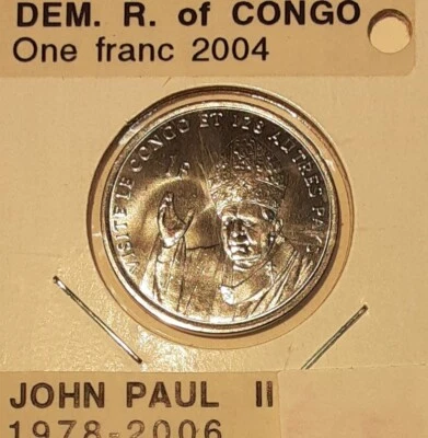 2004 Democratic Republic of Congo 1 Franc Coin - John Paul/Visit in 1980  BU - Image 1 of 2