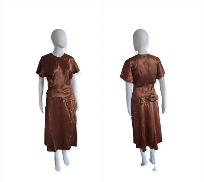 Vintage 40s"Four Star Fashions"brown Ruched Liquid Satin Midi Dress W25" - Image 1 of 4