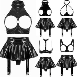 Women's Wet Look Leather Lingerie Suit Cut Out Bralette with Flared Mini Skirts