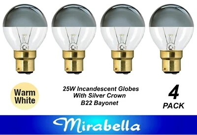 4 x 25W Silver Cap Light Globes Bulbs Lamps B22 Bayonet Cap BC Fancy Round Crown - Image 1 of 4