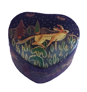Lacquerware Heart Shaped Ring Trinket Box Vintage Hand Made Gold Nature Animals - Picture 1 of 8