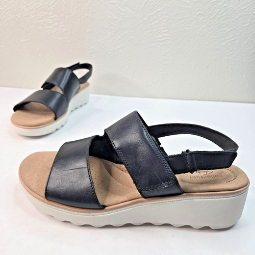 Sandalo Clarks platform slinngback taglia 9 5 nero pelle comodo punta aperta zeppa