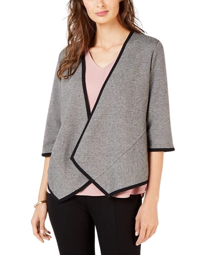 Alfani Women Drape-Front Cardigan Gray Asymmetrical Hem Contrast Edging Petite S