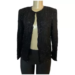 Vintage 90’s JMD New York Black Silk Sequin Beaded Long Sleeve Jacket US Size PS - Picture 1 of 6