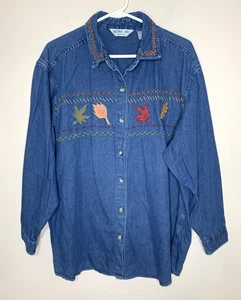 Victoria Jones Woman Denim Shirt Womens 2X Fall Leaves Embroidered Applique VNTG - Picture 1 of 8