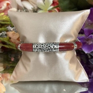Sarda Sterling Silver Ladies Red Sponge Coral Detailed Bangle Bracelet 7” - Picture 1 of 9