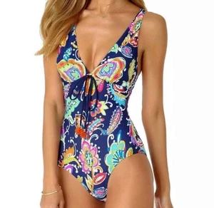 NWT Anne Cole Swimsuit One piece Sz 12 Navy Paisley Tassels - Picture 1 of 11
