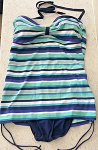 F&F Swimsuit Uk 20 Striped Shades of Blue Ruched Overskirt Tum Support Stretch - Picture 1 of 7
